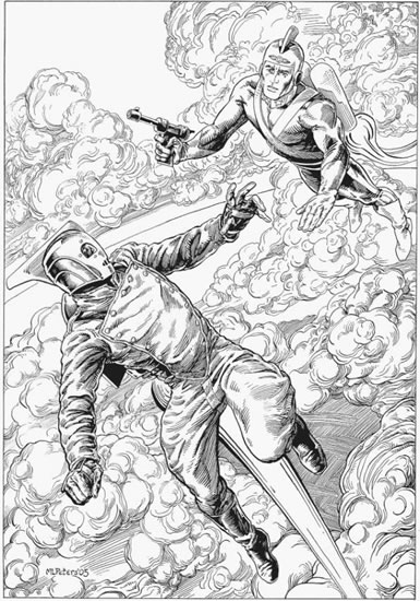 The Rocketeer and Adam Strange, pencils and inks by comics artist Michael L. Peters