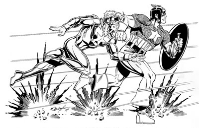 Booster Gold and Captain America, pencils and inks by comic artist Bob Layton
