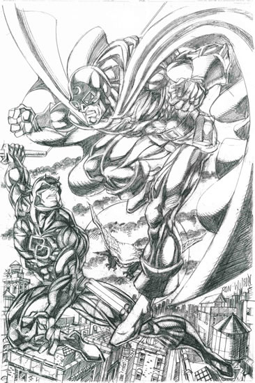 Daredevil and Doctor Mid-Nite, pencils by comics artist Ron Wilson