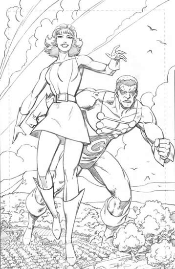 Elasti-Girl and Goliath, pencils by comics artist Val Semeiks