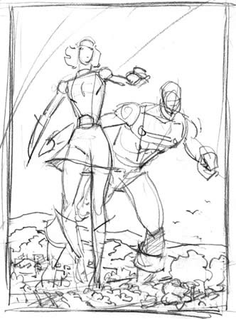 Elasti-Girl and Goliath, rough pencil sketch by comics artist Val Semeiks