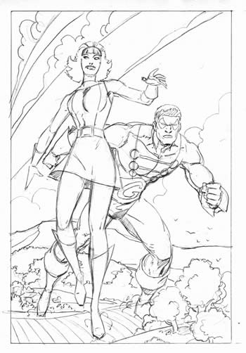 Elasti-Girl and Goliath, pencil layout by comics artist Val Semeiks