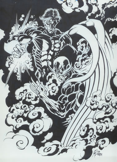 Green Lantern (Kyle Rayner) and Nighthawk, pencils and inks by comics artist Kyle Hotz