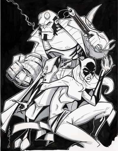 Hellboy and Hellcat, pencils and inks by comics artist Thomas Hodges