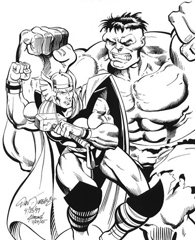 Thor vs. the Hulk, pencils by comics artist Dan Jurgens, inks by comics artist Bob Almond