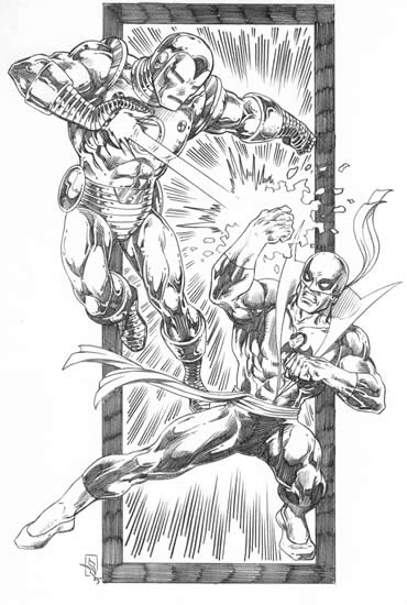 Iron Man and Iron Fist, pencils by comics artist Scott Rosema