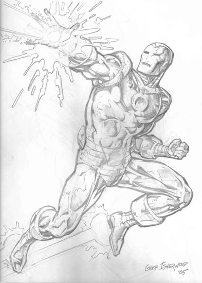 Iron Man, pencils by comics artist Geof Isherwood