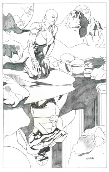 Moondragon and the Martian Manhunter, pencils by comics artist Steve Carr