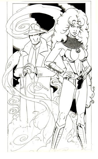 The Question (Vic Sage) and Starfire (Koriand'r), pencils and inks by comics artist Shawn Surface