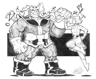 Thanos and Saturn Girl, pencils by comics art Steve Mannion