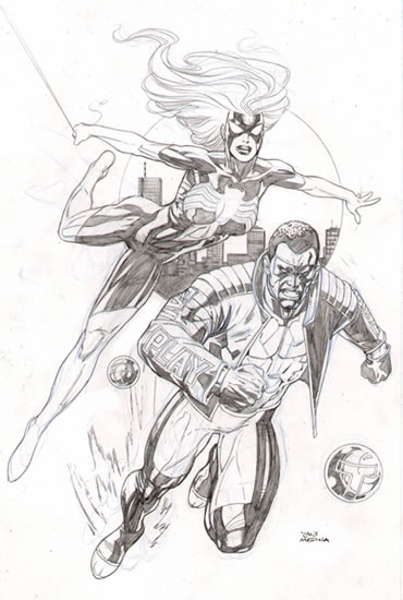 Spider-Woman (Arachne) and Mr. Terrific, pencils by comics artist Lan Medina