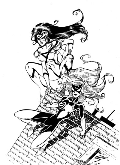 Spider-Woman I and Spider-Woman II, pencils by Michael Dooney, inks by Joe Rubinstein