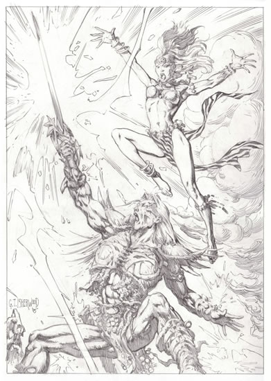 Storm and Elric of Melniboné, pencils by comics artist Geof Isherwood