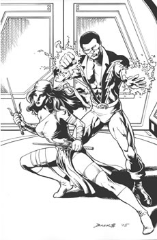 Elektra and Black Lightning, pencils and inks by Darryl Banks