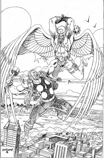 Thunderstrike and Hawkman, pencils by comics artist Keith Pollard