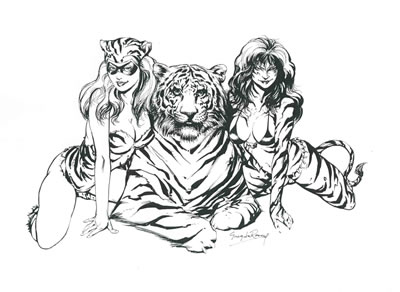 Tiger Girl, Tigra, and friend, pencils and inks by comics artist Greg LaRocque