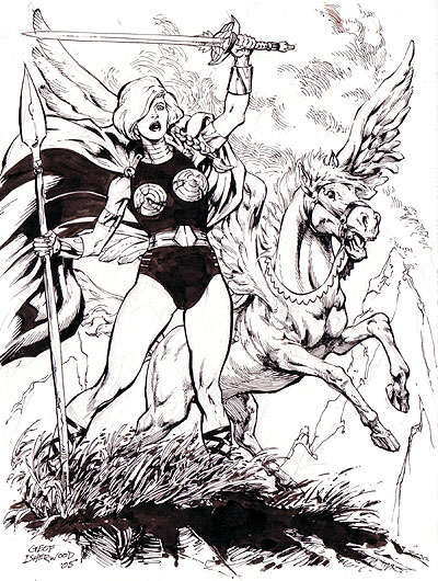 The Valkyrie and Aragorn, pencils and inks by comics artist Geof Isherwood
