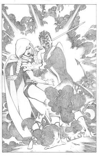 Valkyrie and Nightcrawler, pencils by comics artist Dave Ross