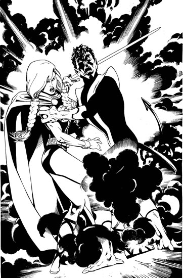Valkyrie and Nightcrawler, pencils by Dave Ross, inks by Joe Rubinstein